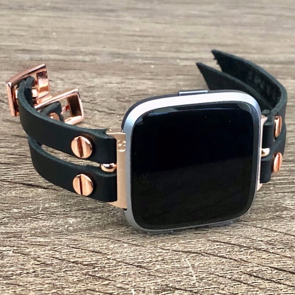 Double Strap Black Leather Fitbit Versa Watch Band main image 6